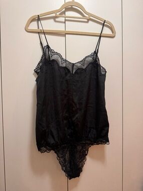 Black Lace-Trim Satin Bodysuit